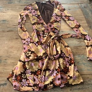 Princess Polly Brown Floral Wrap Dress with Lavender & Gold Flowers